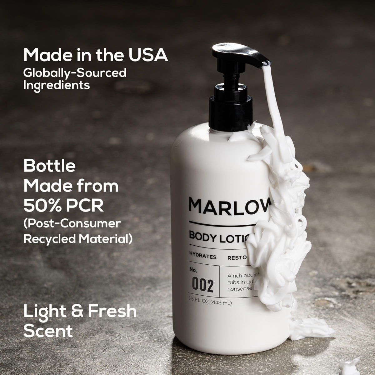 MARLOWE. dispensing lotion into hand to show pump size and coverage