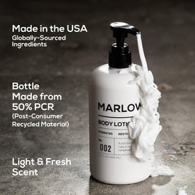 MARLOWE. dispensing lotion into hand to show pump size and coverage