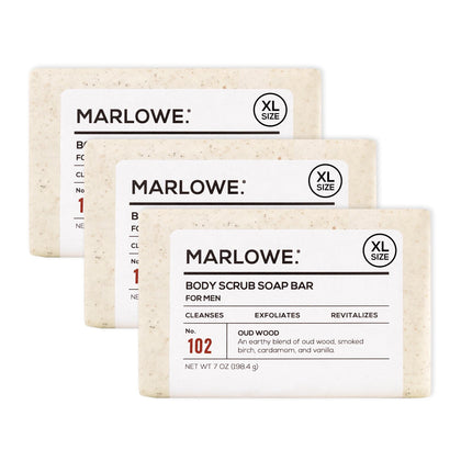 MARLOWE. front packaging showing three 7 oz bars and clean design benefit: easy identification