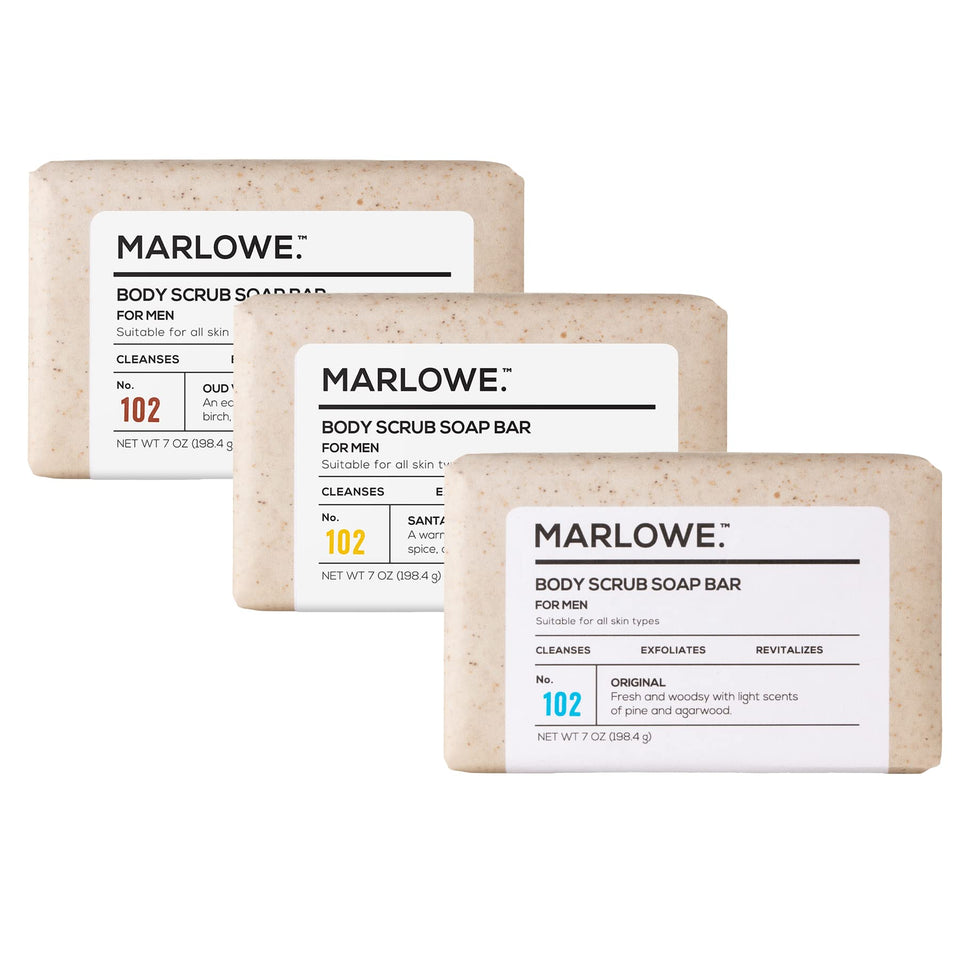 MARLOWE. front packaging trio showing three 7 oz bars and scent variety
