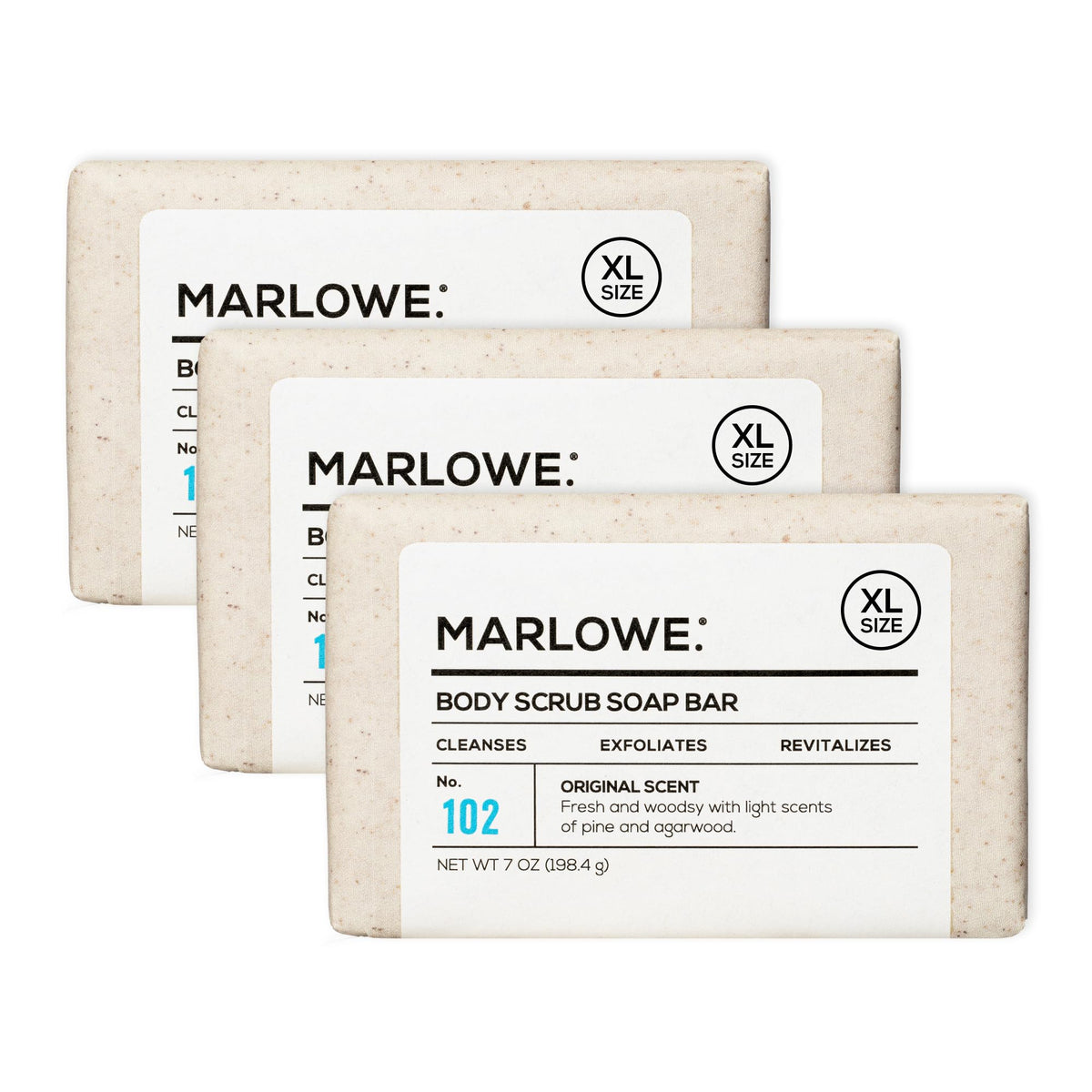 MARLOWE. front packaging of No. 102 bar showing size and scent, effective exfoliation