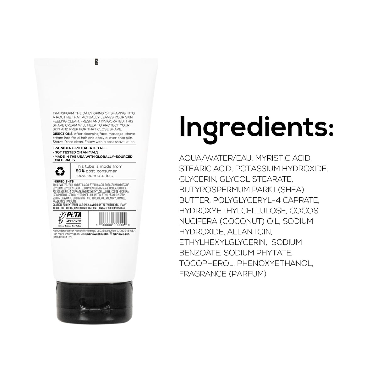 MARLOWE. tube beside razor for scale, indicating convenient 6 oz travel-friendly size