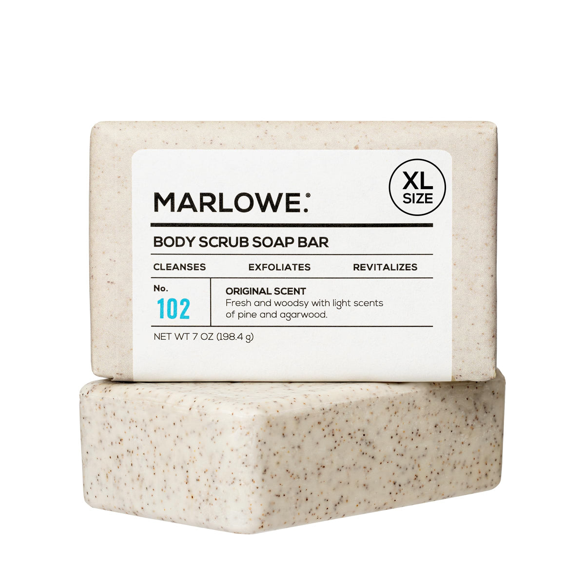 MARLOWE. front packaging shows 7 oz bar and recycled wrapper, implies durability