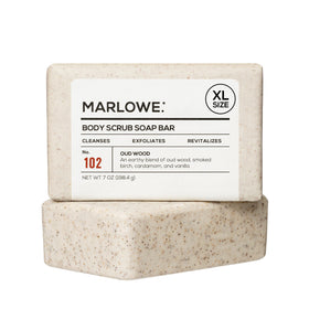 MARLOWE. front packaging view showing 7 oz bar and oud wood scent benefit