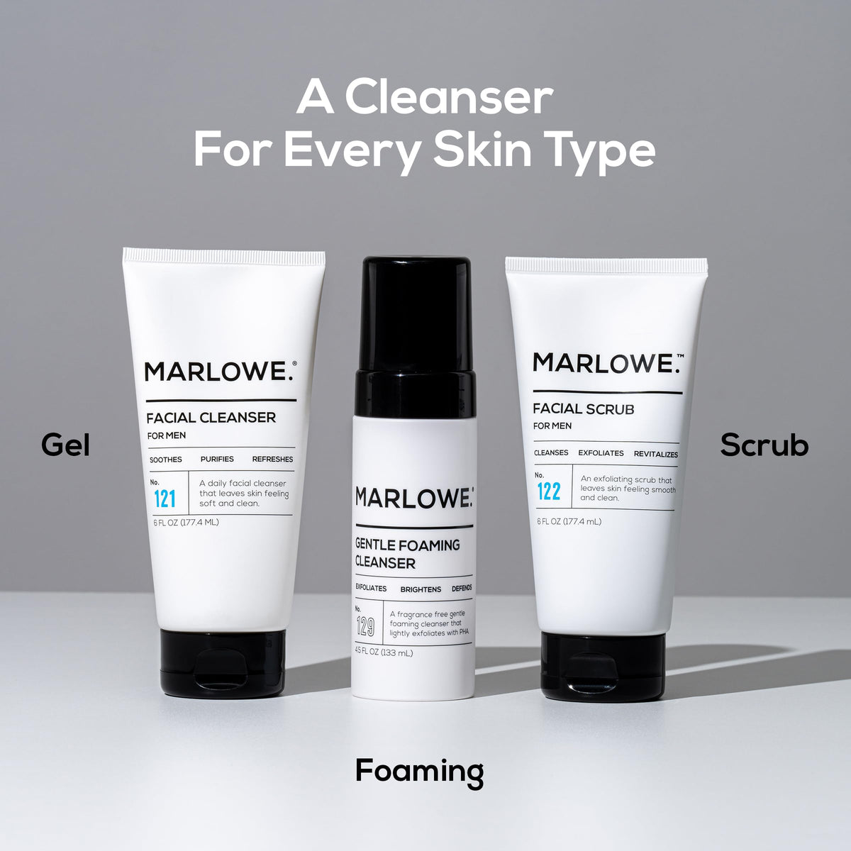 MARLOWE. apricot seed powder and pumice ingredients displayed for natural exfoliation benefit