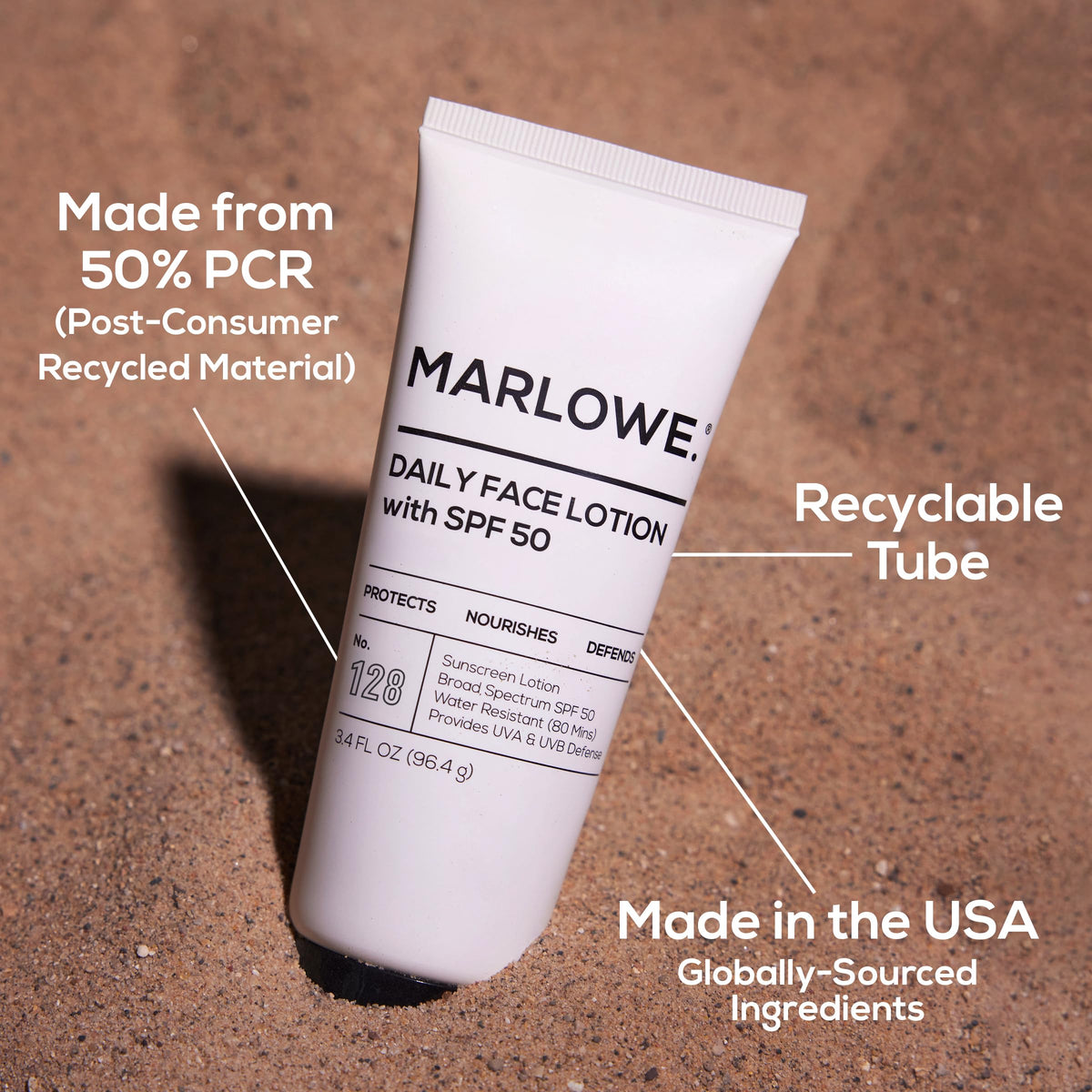 MARLOWE. 3.4 oz tube next to a ruler illustrating compact travel-friendly size