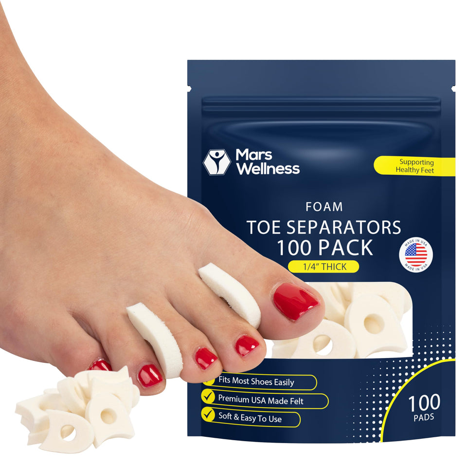 MARS WELLNESS front packaging displaying 100 foam toe separators and benefits
