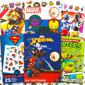 Marvel front pack display showing colorful licensed superhero tattoos and variety benefit