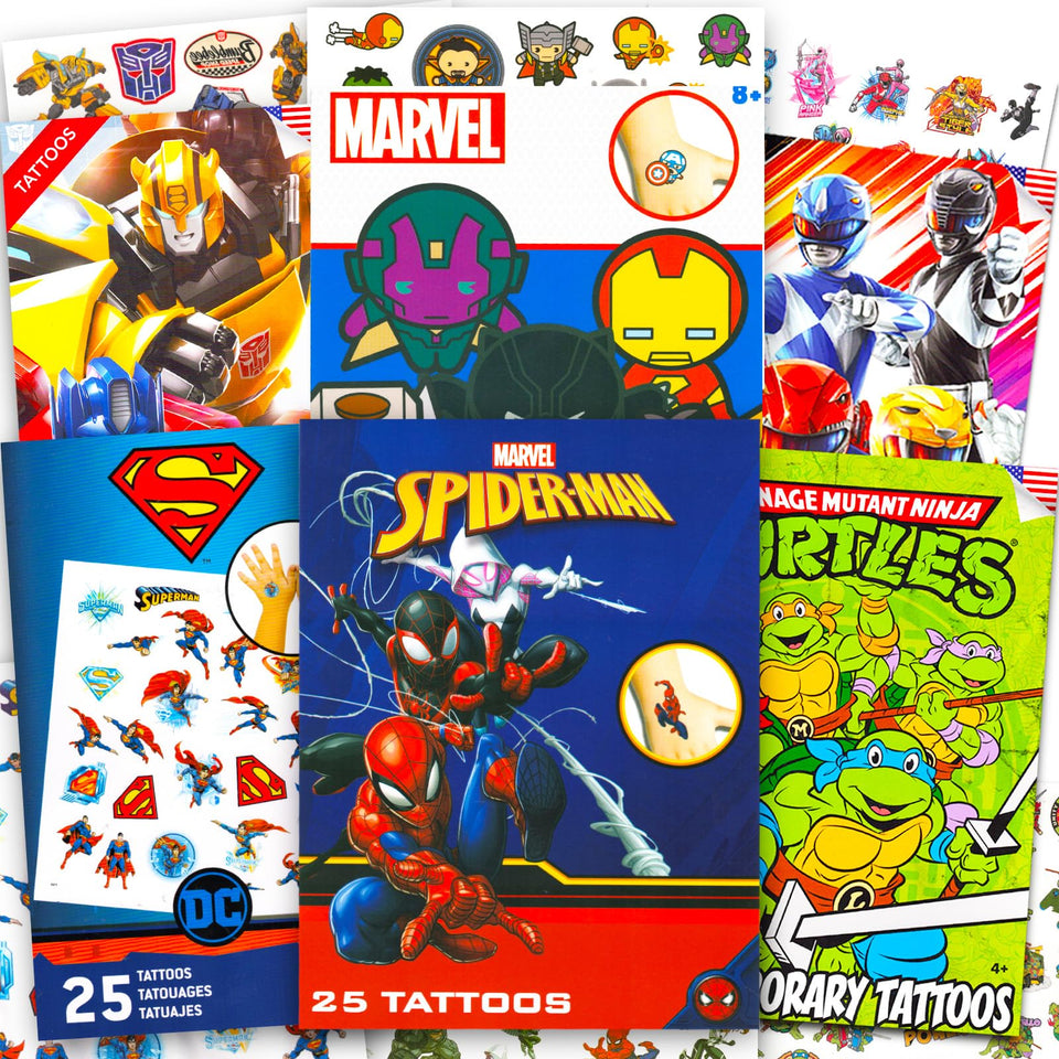 Marvel front pack display showing colorful licensed superhero tattoos and variety benefit