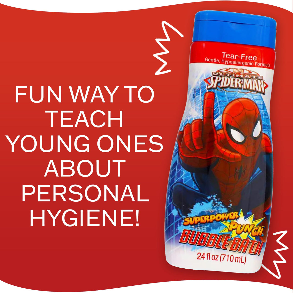 Marvel label close-up featuring Spider-Man art and clear ingredient visibility benefit