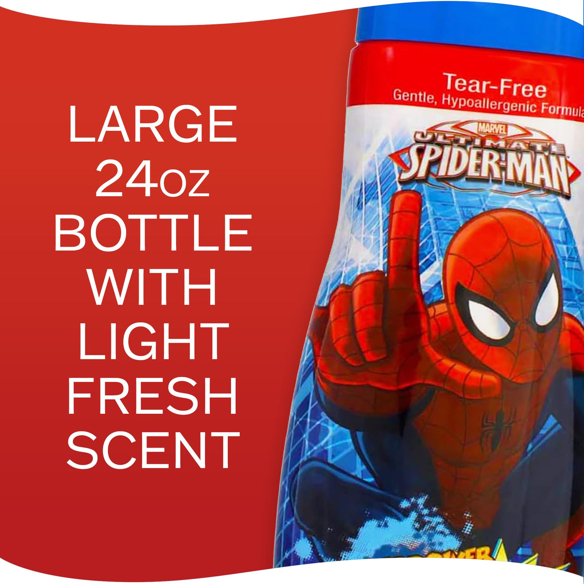Marvel bottle beside rubber duck and toy showing true 24 fl oz scale