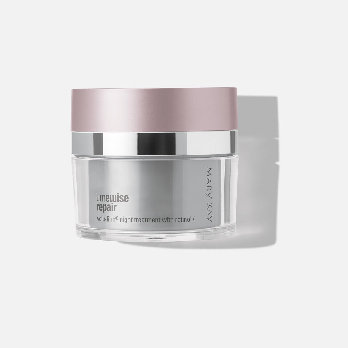 Mary Kay Volu-Firm night treatment jar front view showing texture and overnight renewal benefits