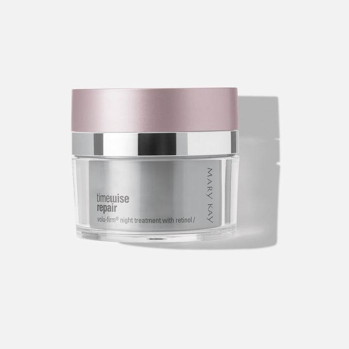 Mary Kay Volu-Firm night treatment jar front view showing texture and overnight renewal benefits