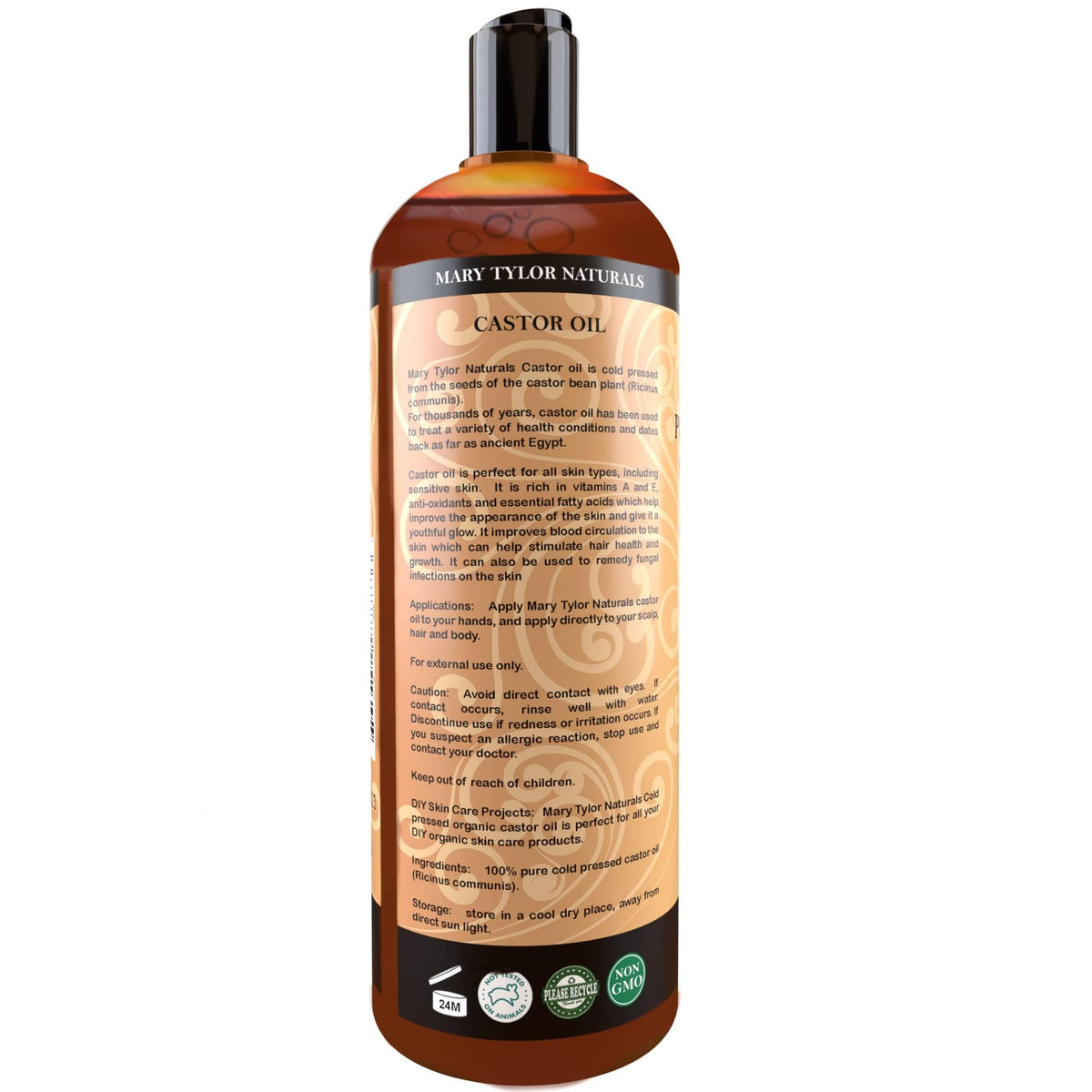 Mary Tylor Naturals bottle beside castor seeds showing natural sourcing benefit