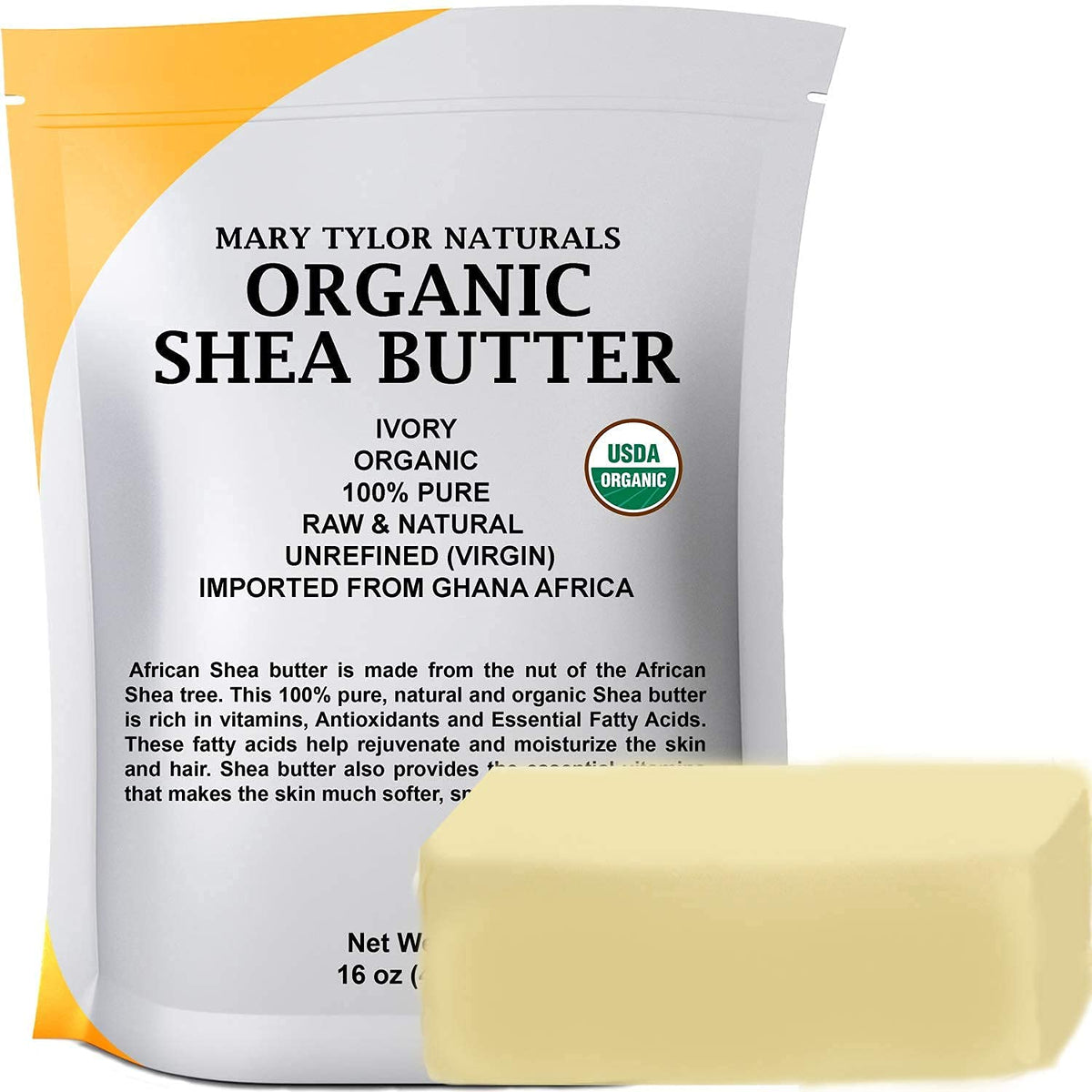 Mary Tylor Naturals front packaging showing 1 lb organic shea butter, nourishing moisturizer