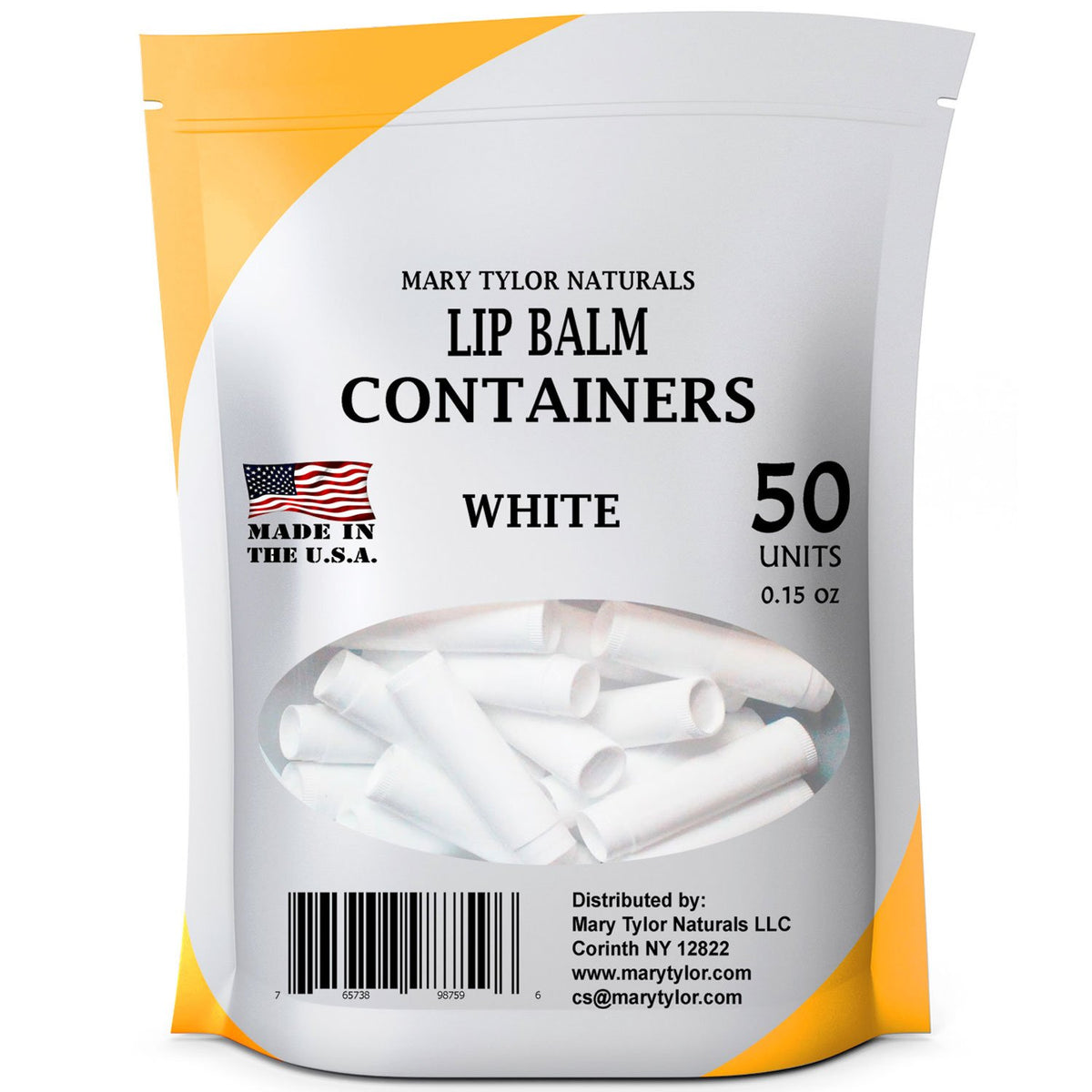 Mary Tylor Naturals white pack front view showing 50 tubes, ideal for small-batch branding