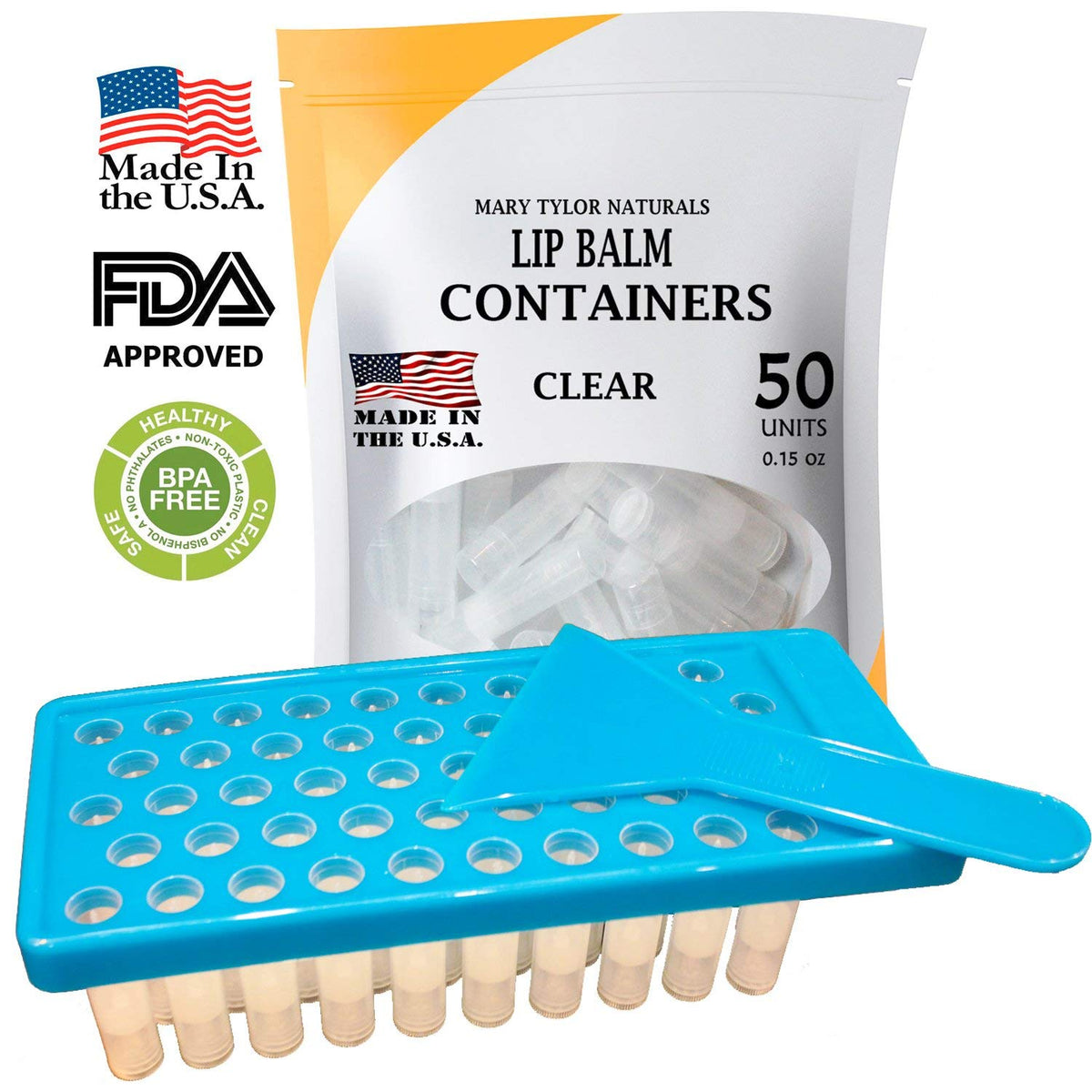 Mary Tylor Naturals finished lip balms next to ruler showing 0.15 oz travel-friendly size