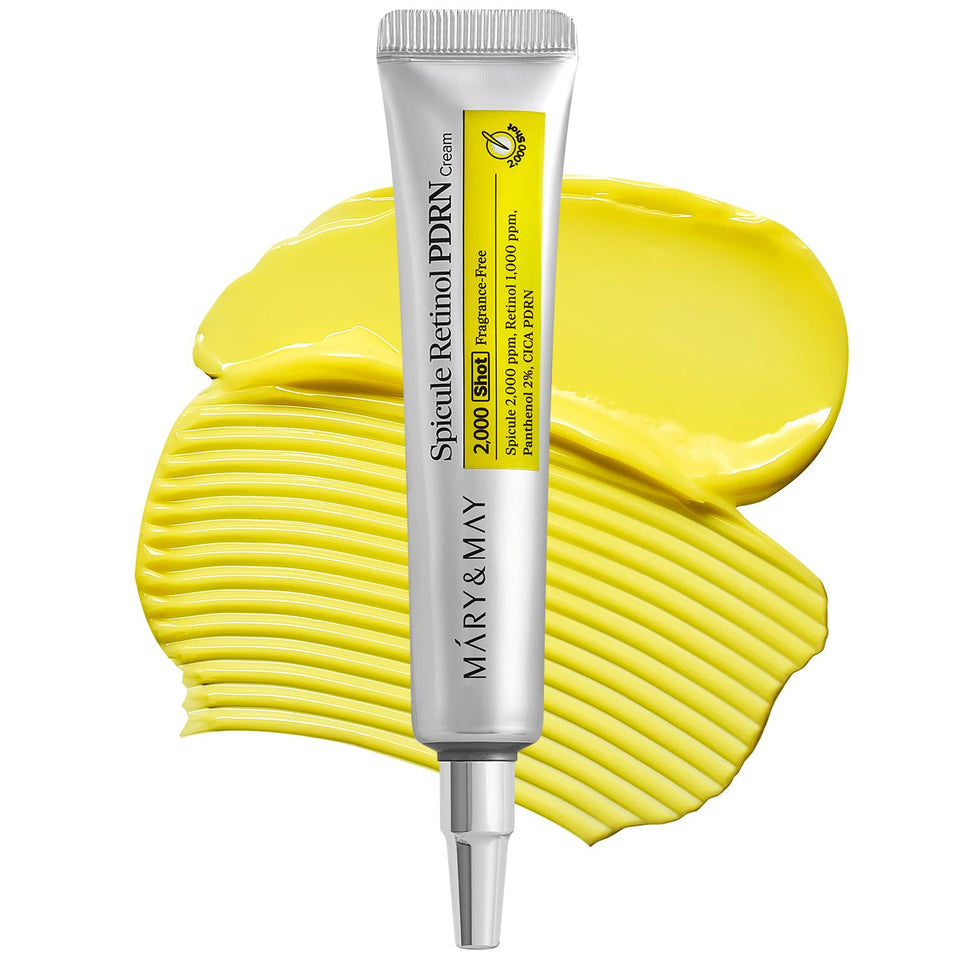 Mary&May jar front view showing compact retinol booster packaging and targeted use