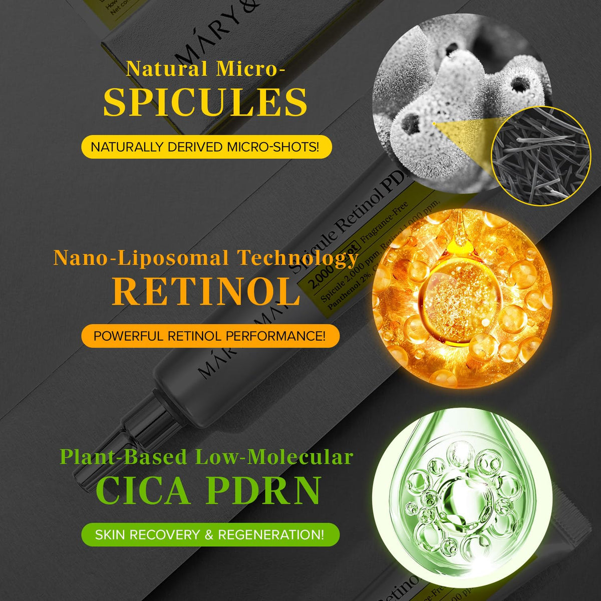 Mary&May spicule size comparison illustrating microscopic channels for better delivery