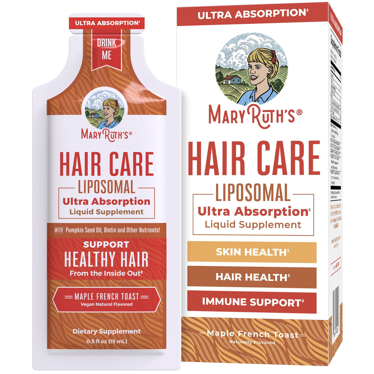 MARYRUTH'S front packaging of hair growth pouches shows clean label and maple flavor benefits