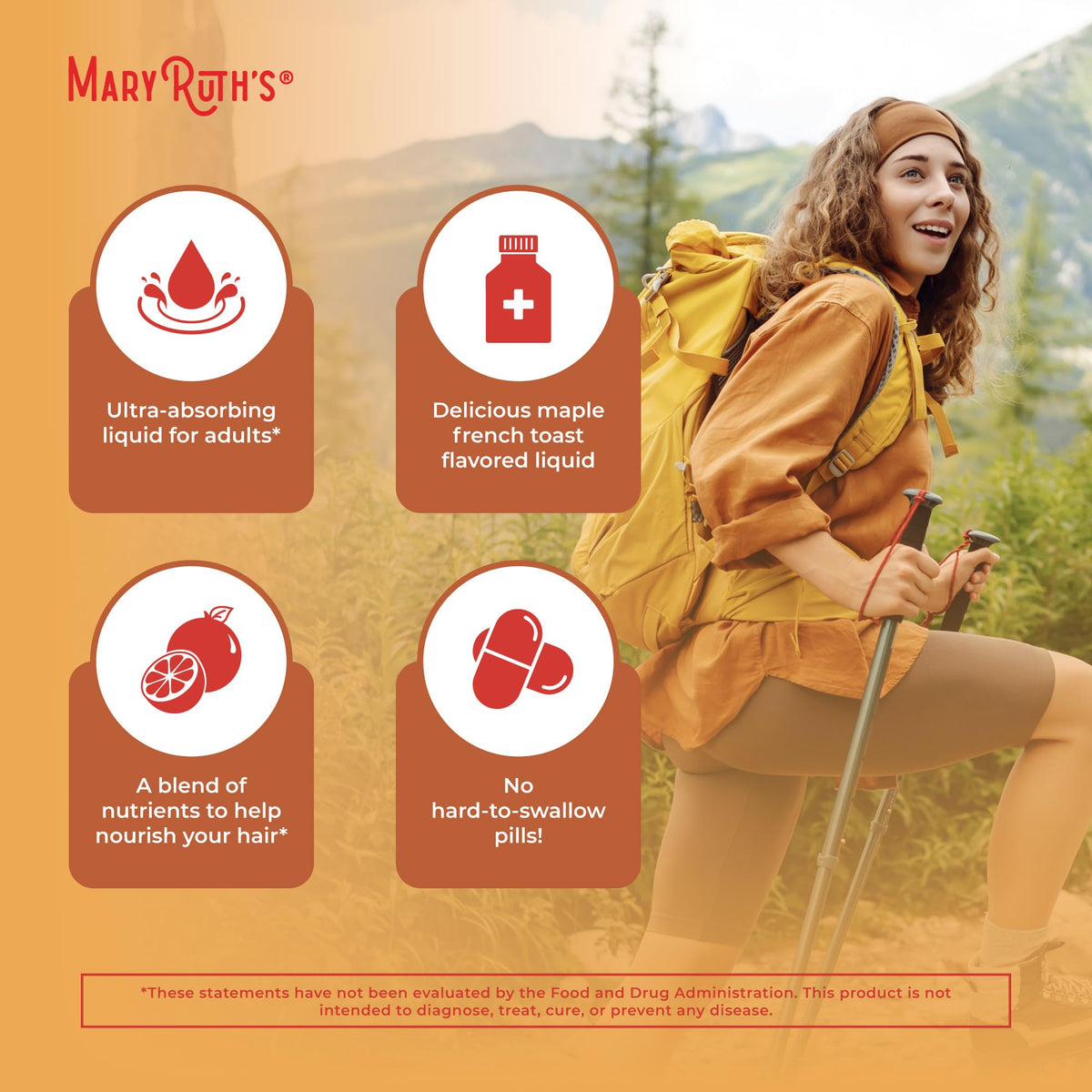 MARYRUTH'S ingredients panel detail highlighting biotin, D3, hyaluronic acid benefits