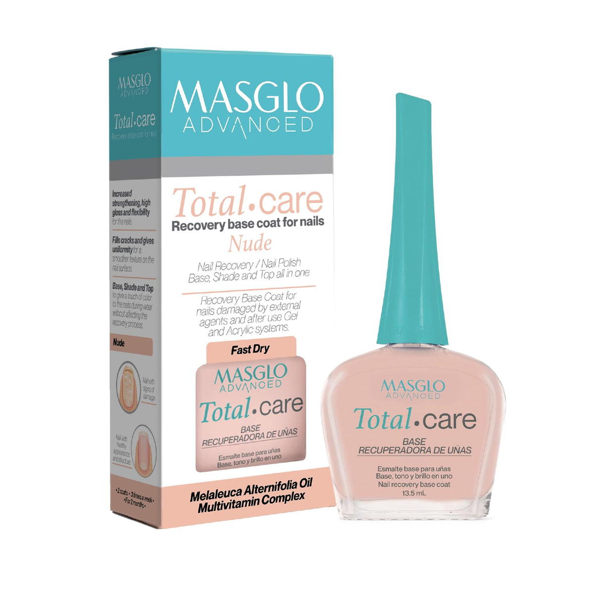 MASGLO front packaging of Advanced Total Care showing nude glossy finish and label benefits