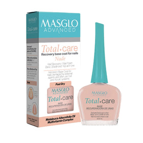MASGLO front packaging of Advanced Total Care showing nude glossy finish and label benefits