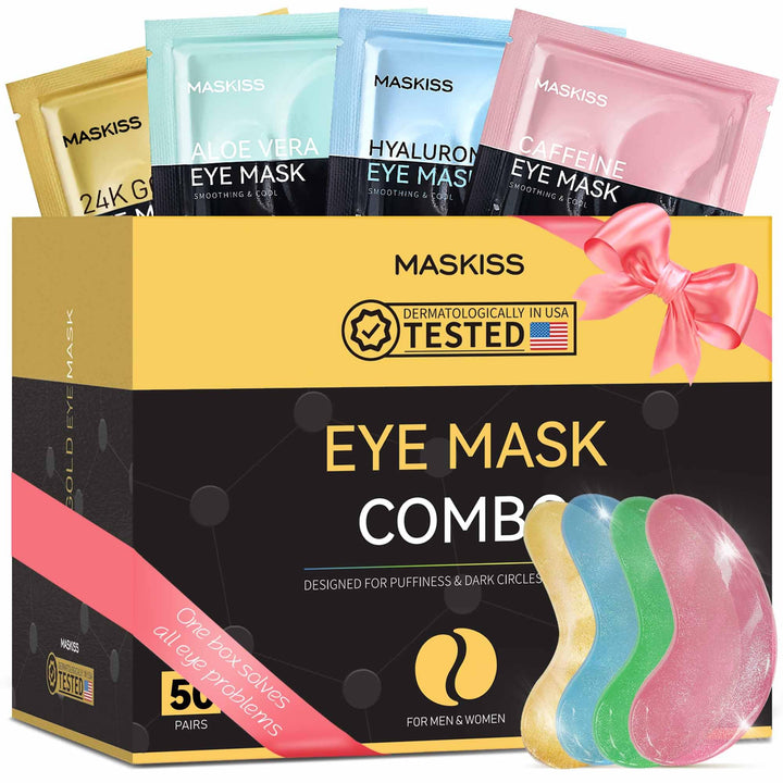 Maskiss front packaging showing 50 pairs and ingredient callouts for refreshed eyes