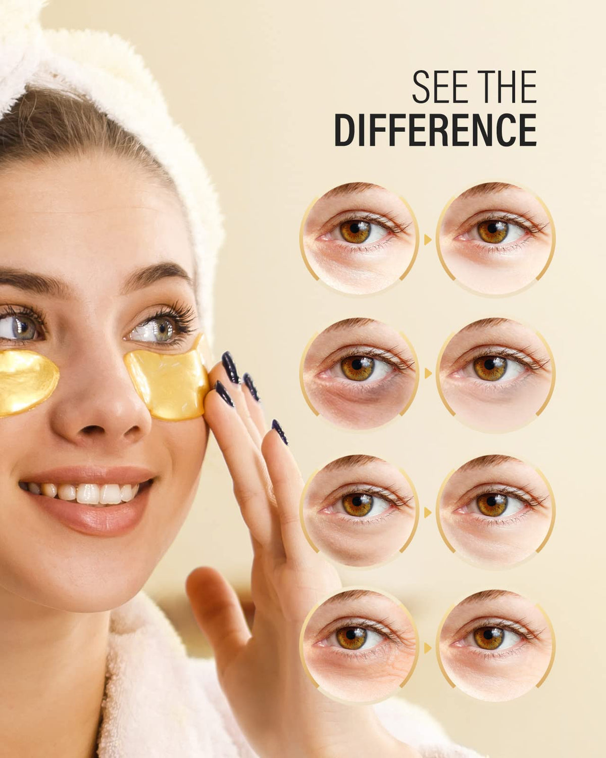 Maskiss patches applied under eye demonstrating instant de-puffing