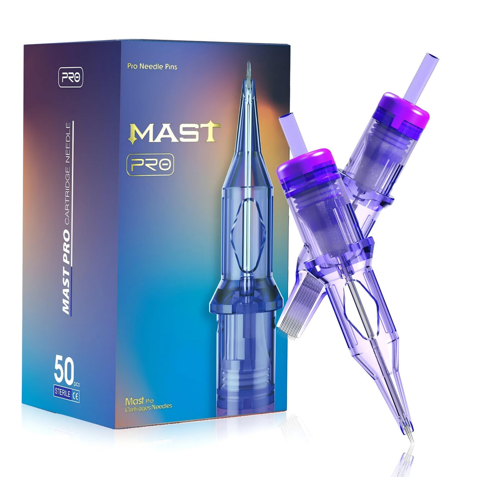 MAST TATTOO front packaging showing mixed 50-piece cartridge set and benefit of variety