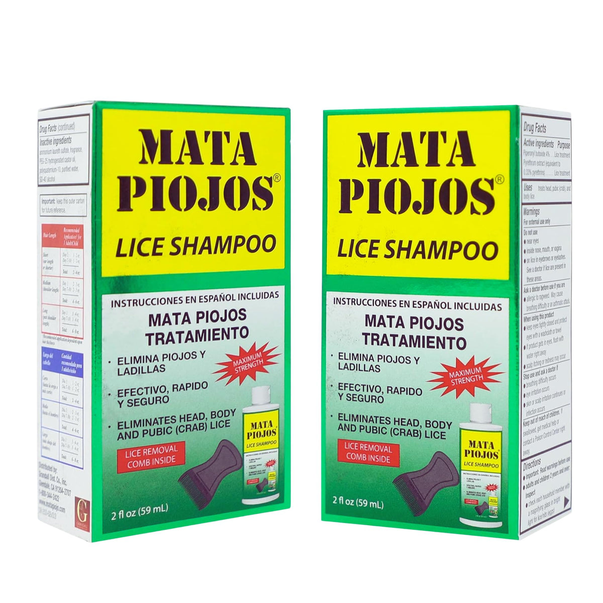 Mata Piojos front packaging showing two-bottle kit and comb, clear treatment solution benefit