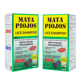Mata Piojos front packaging showing two-bottle kit and comb, clear treatment solution benefit