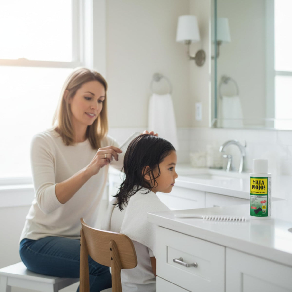 Mata Piojos shampoo applied to hair, demonstrating easy at-home treatment and clear instructions