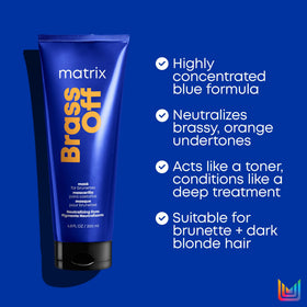 Matrix Brass Off before and after hair comparison demonstrating visible brass reduction benefits