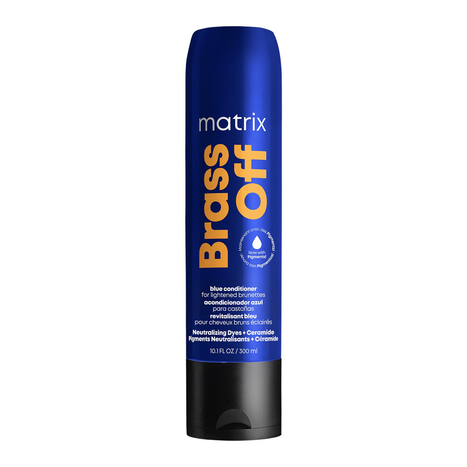 Matrix front bottle showing Brass Off Blue Conditioner for quick toning benefit