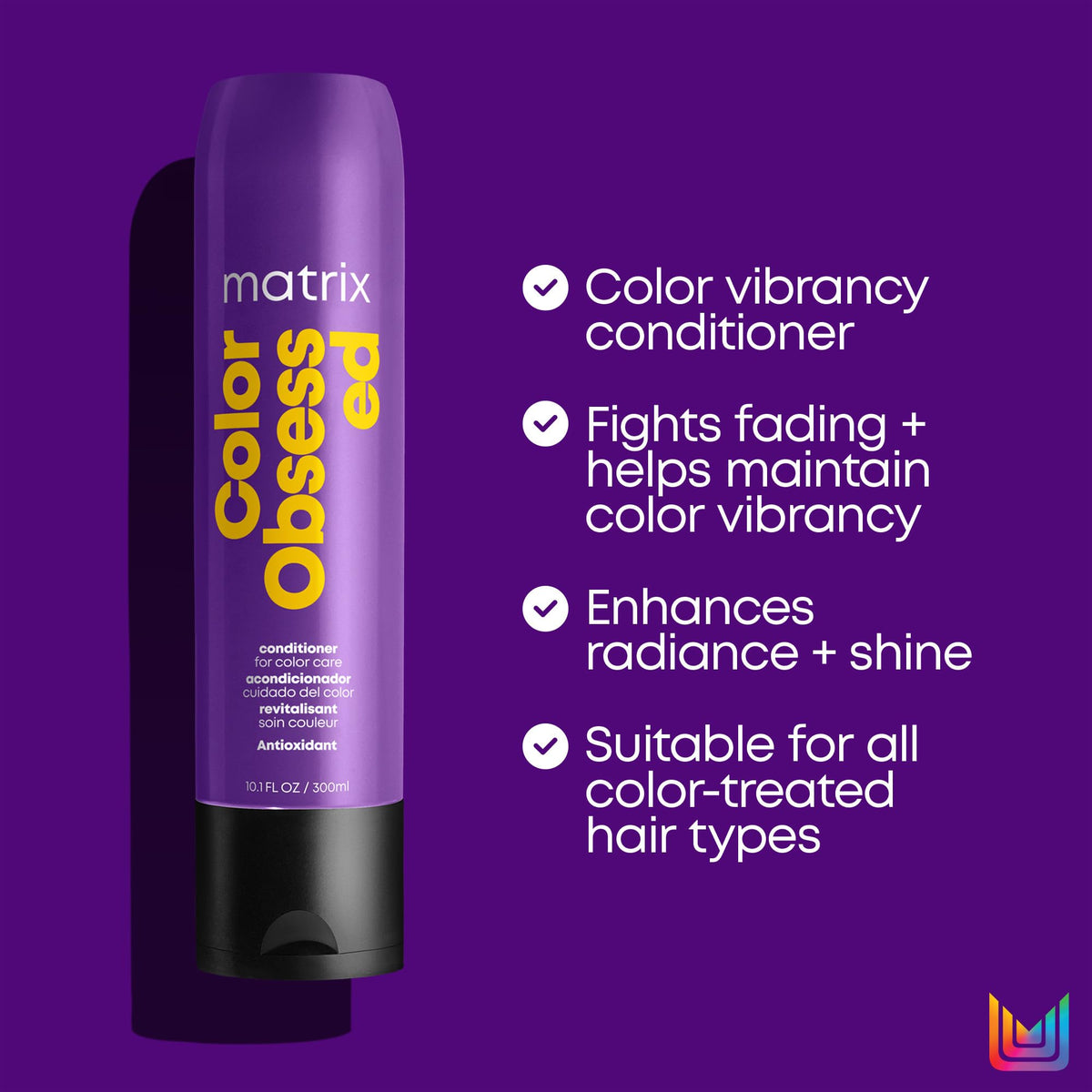 MATRIX bottle beside color swatch showing preserved vibrancy benefit