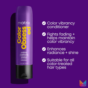 MATRIX bottle beside color swatch showing preserved vibrancy benefit