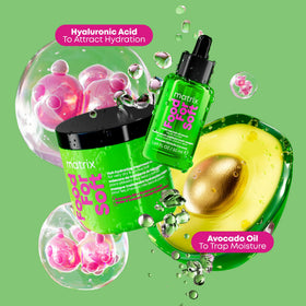 MATRIX applying mask to mid-lengths showing nourishment and frizz control benefit