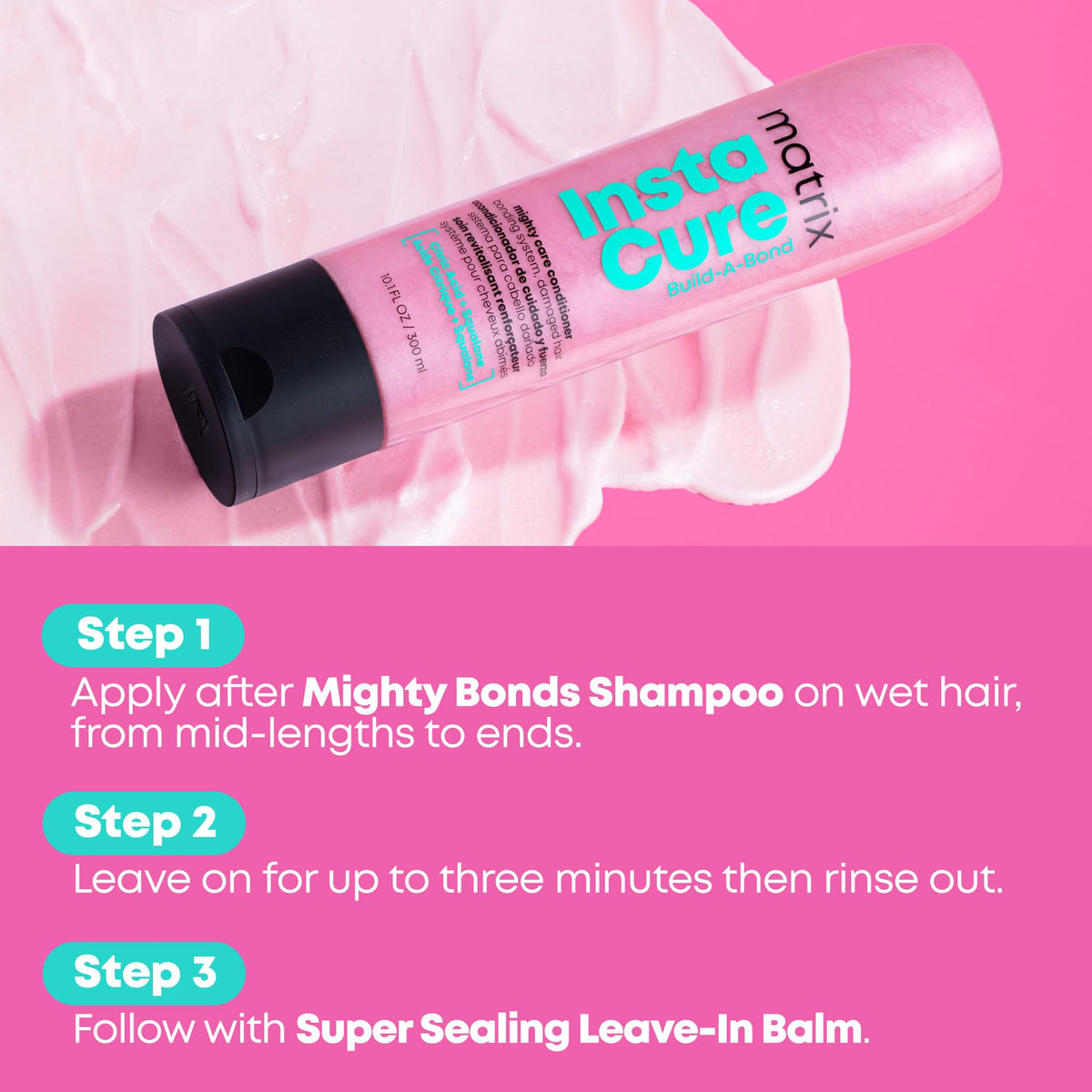 Matrix instacure shampoo, mask and balm displayed together to show complete repair system