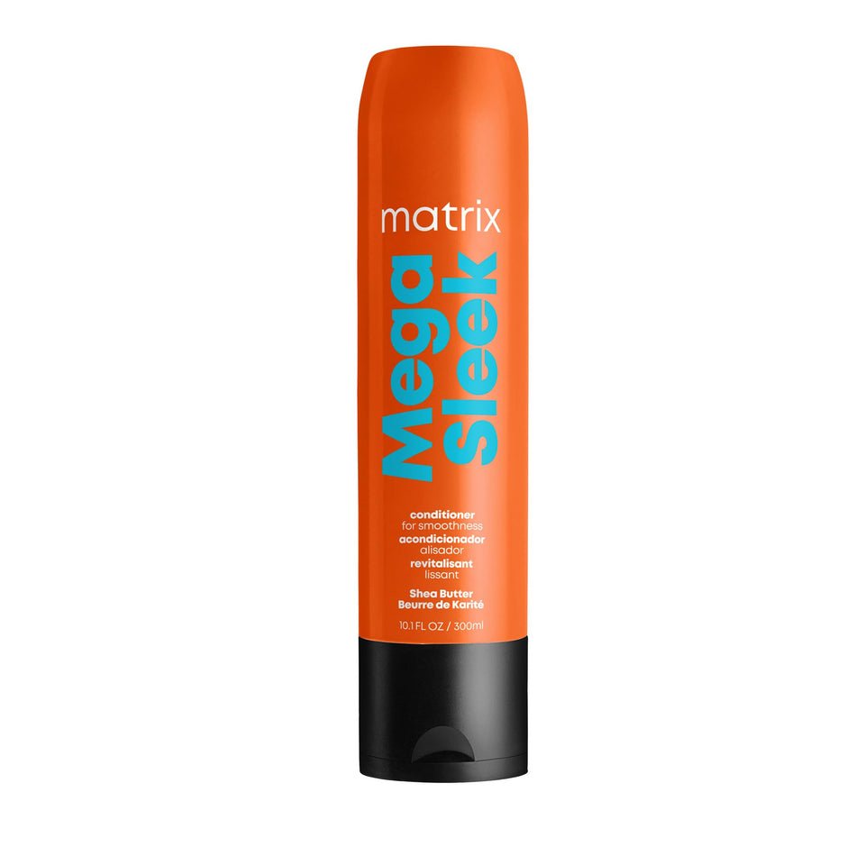 Matrix Mega Sleek front packaging shows sleek bottle and professional branding for smooth hair