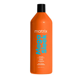 matrix mega sleek front packaging showing bottle and benefit of anti-frizz