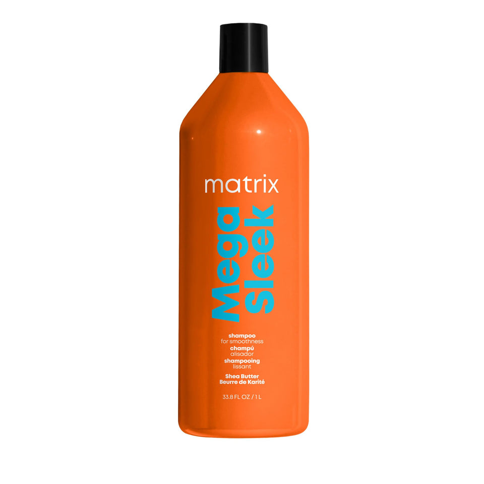 matrix mega sleek front packaging showing bottle and benefit of anti-frizz