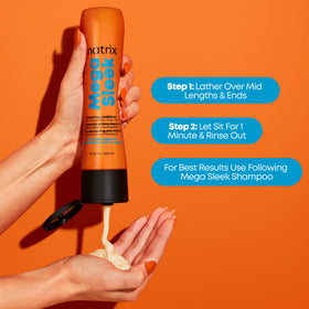 Matrix bottle next to hand for size and scale indicating travel-friendly volume