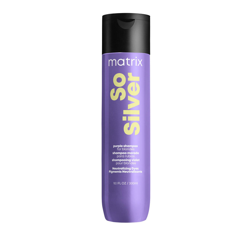 MATRIX So Silver front bottle view showing product and benefit of brassy neutralization