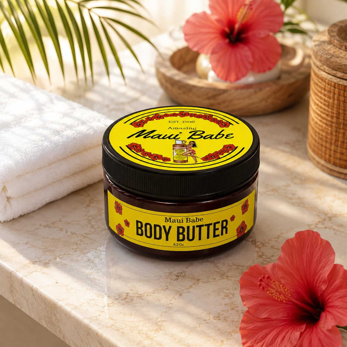 Maui Babe jar on bathroom shelf suggesting daily routine convenience benefit