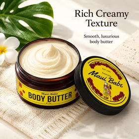 Maui Babe hand applying butter to skin demonstrating quick absorption benefit