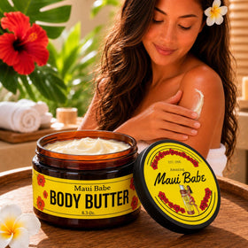 Maui Babe jar on beach towel evoking tropical scent and mood-boosting benefit