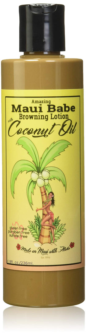 Maui Babe front bottle view showing label and coconut oil benefit