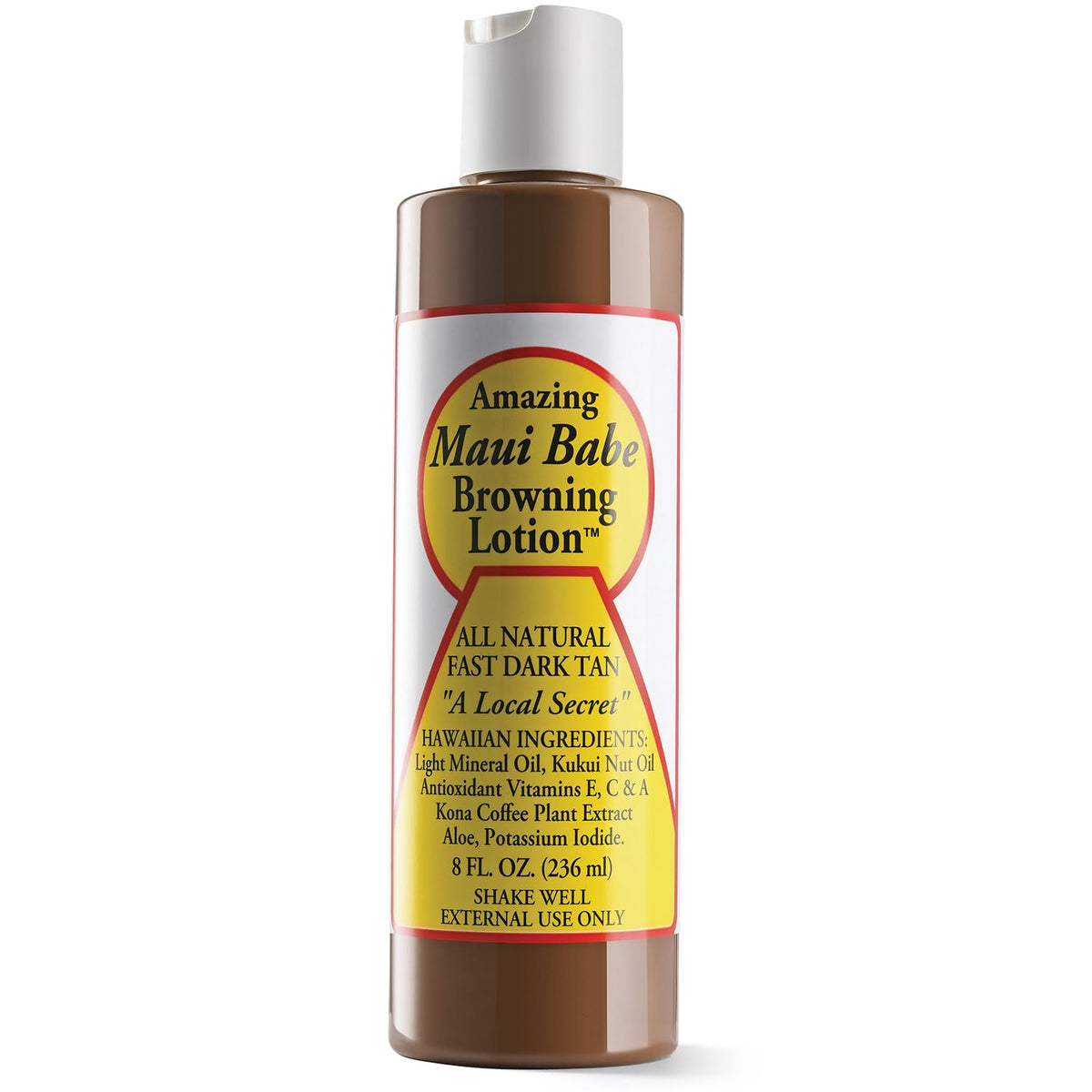 Maui Babe front bottle view showing packaging and quick tan benefit