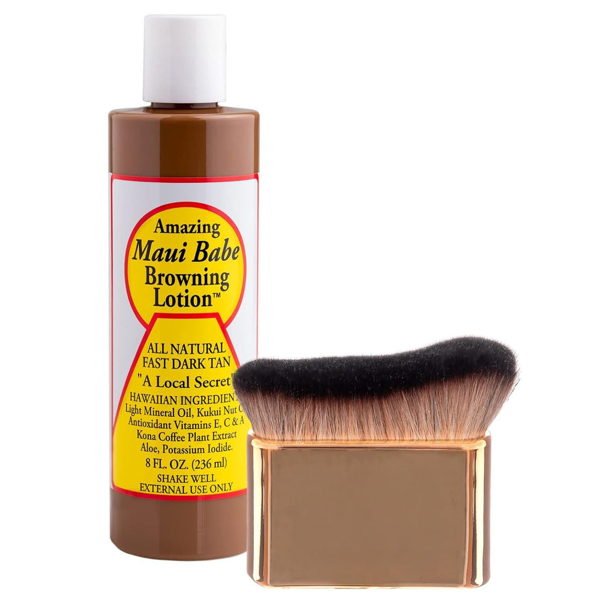 Maui Babe front packaging showing bottle and included brush for even application benefits